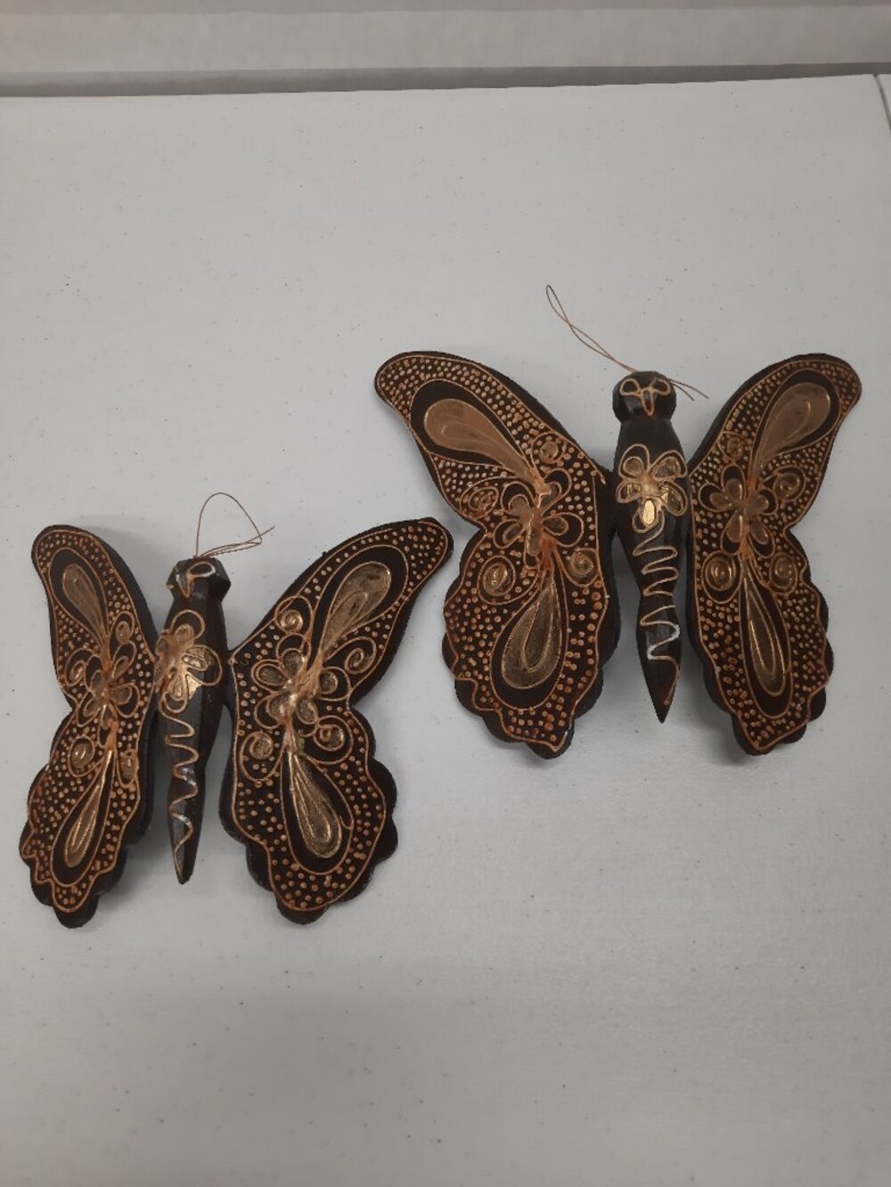 Hand Carved Wooden Butterfly Set Wall Art Gold Hand Painted Hanging Decor 9 In